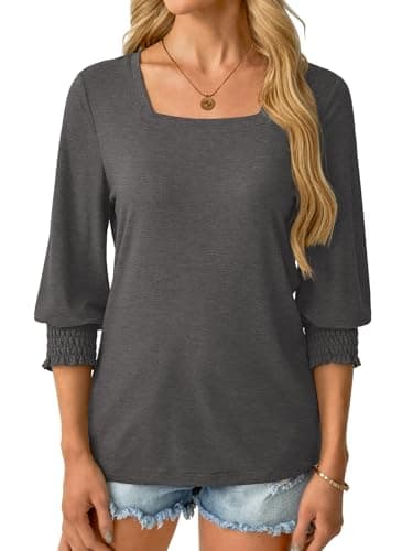 GKBK Womens 3/4 Sleeve Shirts Square Neck Dressy Casual Blouses Spring Summer Smocked Cuffs Tops A- Dark Gray - Thumbnail 2