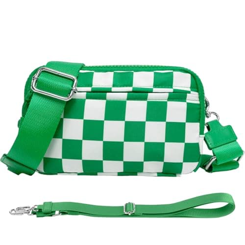 NBERMOTION Checkered Nylon Wristlet Wallets for Women RFID Blocking Purse With Credit Card Holder & Crossbody Strap(Green) - Image 1
