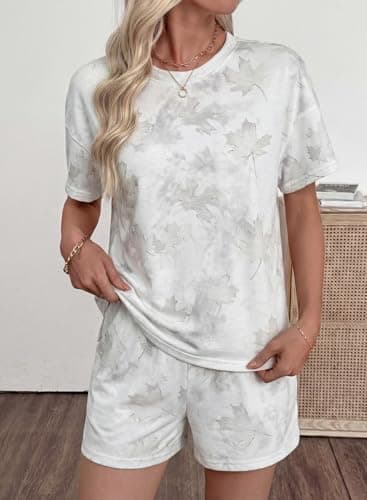 EVALESS 2 Piece Sets for Women 2026 Summer Lounge Sets Casual Short Sleeve Printed T Shirts Elastic High Waist Shorts Matching Sets Women Clothing Airport Outfits White X-Large - Thumbnail 3