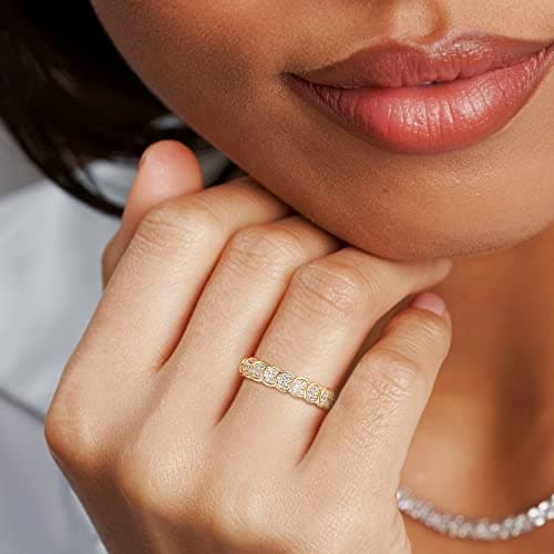 SHINYSO 14K Gold Plated Wedding Bands for Women Cubic Zirconia Round Eternity Engagement Promise Rings for Her Size 7.5 - Thumbnail 5