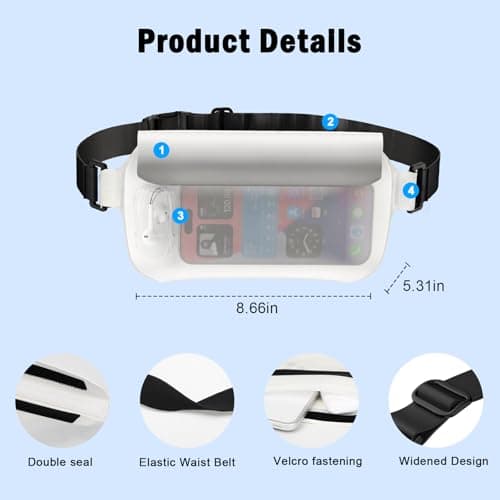 UOEPOWA Waterproof Waist Bag, Passport Wallet Tote, IPX8 Waterproof Rating, Underwater-Use Phone Pouch, TUP Dry Bag, Ideal for Diving, Swimming, Kayaking (1 black and 1 white) - Thumbnail 6