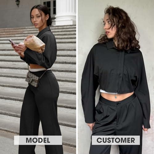 EXLURA Womens 2 Piece Outfits Long Sleeve Zip Up Crop Jackets Long Wide Leg Pant Suits Spring Airport Travel Matching Sets - Thumbnail 3