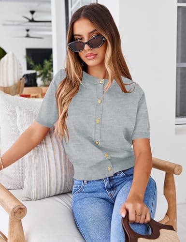 Kistore Womens Casual Summer Short Sleeve Sweater Cardigan Button Down Crew Neck Knitted Crop Cardigan Tops Light Gray Medium - Thumbnail 4