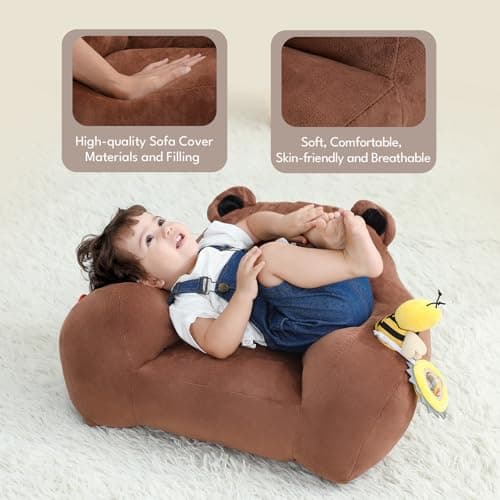 Lovvie & Joy Toddler Sofa Chair, Soft Toddler Kids Chair with Learning Toy Phone,Cloth Book and Rattle Toy,Toddler Chair Couch for Boys and Girls Ages 1+ Years Bear - Thumbnail 4