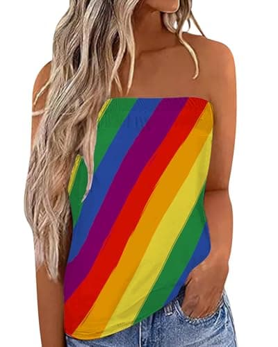 IWOLLENCE Pride Month Outfits for Women Rainbow Striped Printing Tube Tops LGBTQ Love Wins Strapless Sleeveless Shirts, XL - Image 1