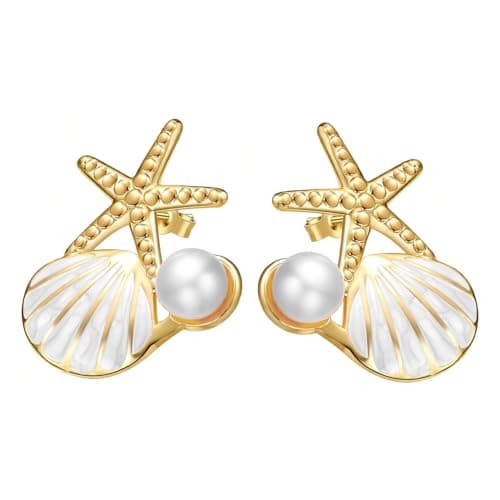 Stainless Steel Starfish & Seashell Earrings for Women | Elegant Pearl Drop Dangle Earrings with Starfish Top, Hypoallergenic Beach Vacation Jewelry | Summer Tropical Outfits, Dresses Trendy 2026 Fashion Accessories (White) - Image 1