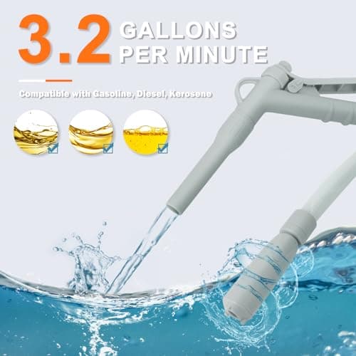 Gas Can Fuel Pump Portable - Gifts for Men, Fast 3.2 GPM Flow Rate, 51” Flexible Intake Hose, Tank Adapter, for Gasoline, Kerosene, Diesel, Non-Potables Gray - Thumbnail 3