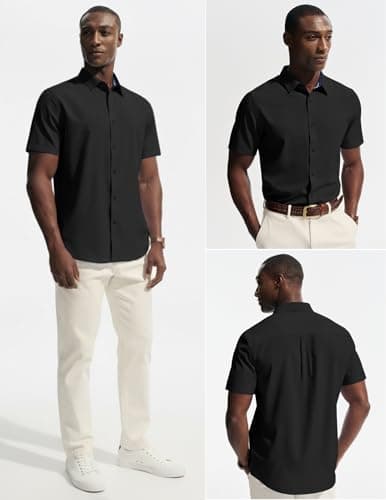 PJ PAUL JONES Mens Short Sleeve Button Down Shirts Wrinkle Free Untrucked Dress Shirts for Men Stretch Collared Shirt Solid Regular Fit Black - Thumbnail 2