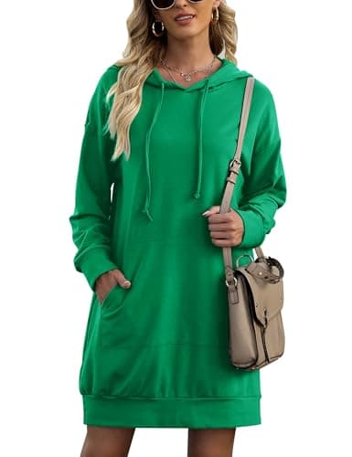 Quenteen Women Hoodies Dress Hooded Sweatshirts Dress Casual Long Sleeve Tunic Dress Oversized Sweatshirts with Pocket Emerald Green - Image 1