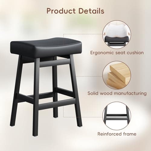 26 Inch Counter Height Bar Stools Set of 6, Backless Saddle Stools with Bonded Leather Seats, Stylish Barstools for Kitchen Island, Dining, Home Bar (Black, Set of 6) - Thumbnail 4