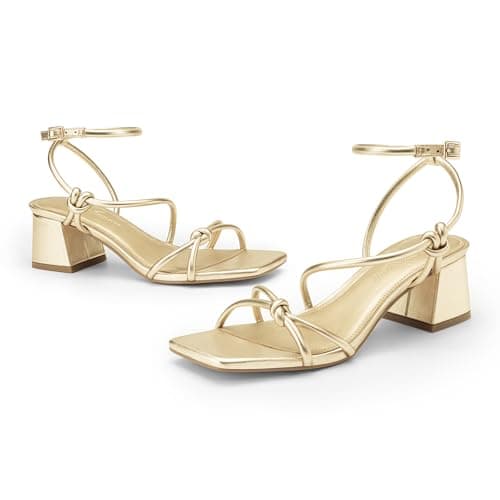 Athlefit Gold Heels Sexy Women Strappy Heels with Square Toe Low Chunky Block Heels Sandals Comfortable Summer Party Shoes for Dancing Wedding Prom Work 8.5 - Thumbnail 5