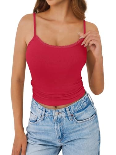 GKBK Sleeveless Camisole Tank Tops for Women Y2K Spaghetti Strap Lace Scoop Neck Slim Fit Basic Cami Shirts Going Out Beach Vacation Summer Top Red XS - Thumbnail 3