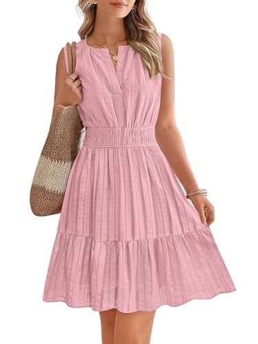 BTFBM Women’s Summer Dresses 2026 Sleeveless V Neck Casual Mini Dress Swing Boho A Line Beach Vacation Sundress Pockets(Pink, XX-Large) - Image 1