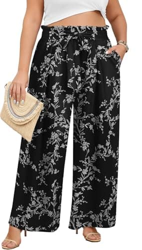 Lastshe Women's Plus Size Pants Wide Leg Work Casual Palazzo Flowy Elastic High Waisted Tie Knot Floral Print Trousers with Pockets, Black B FL, 2X - Image 1
