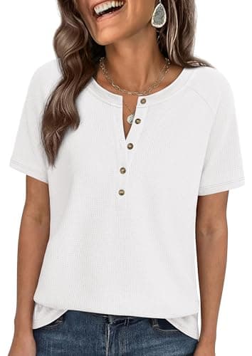PRETTYGARDEN Waffle Knit Tops for Women Short Sleeve Henley Shirts 2026 Summer Blouses Dressy Casual Spring Fashion Clothes (White,XX-Large) - Image 1