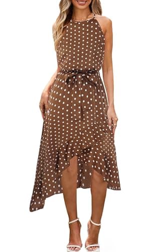 ECOWISH Polka Dot Women Summer Dress Midi A Line Ruffle High Low Sleeveless Boho Floral Halterneck Cocktail Tie Knot Sundress Coffee X-Large - Image 1