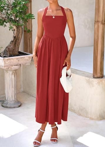 KIRUNDO Summer Dresses for Women 2026 Halter Maxi Wedding Guest Party Cocktail Semi Formal Elegant Classy Long Sundress(Red, Small) - Thumbnail 5