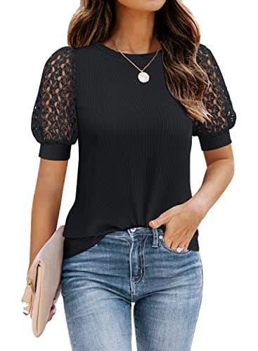 DOROSE Womens Summer Tops Lace Short Sleeve Ribbed Knit Top Blouses Black S - Image 1