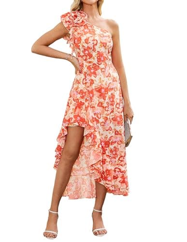 GRACE KARIN Womens Summer One Shoulder Sleeveless Dresses Floral Flowy Ruffle High Low Wedding Sundresses Yellow Orange 18 - Image 1