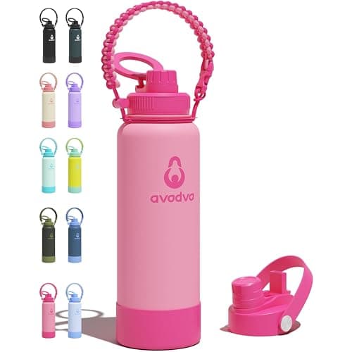 avodvo 40 oz Insulated Water Bottle with 2 Lids (2-in-1 Straw & Spout Lid, Magnetic Lid), Slim Water Bottle with Strap, Stainless Steel Water Bottle for Hiking, Gym, Travel, BPA-Free, Pink - Image 1
