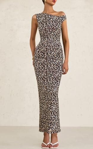 PRETTYGARDEN Women's 2026 Summer Floral One Shoulder Maxi Dress Wedding Guest Ruched Mesh Bodycon Long Cocktail Dresses (Leopard Print, Large) - Thumbnail 2