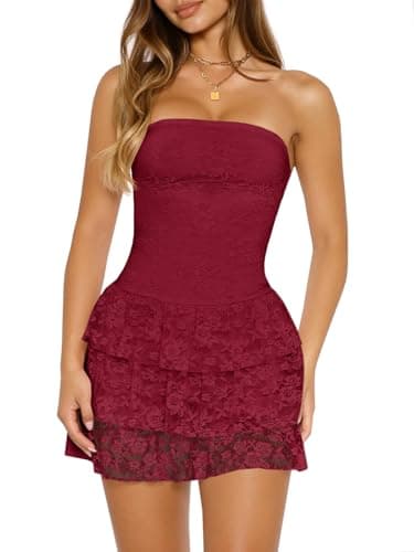 Wenrine Womens Strapless Mini Dress Sexy Lace Sleeveless Ruffle Tiered Summer Bodycon Party Club Tube Top Dresses Burgundy - Image 1