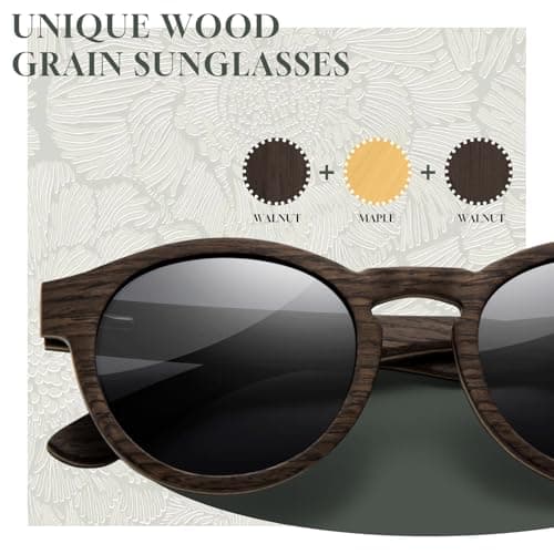 SUNGAIT Premium Walnut Wood Sunglasses Womens Classic Round Polarized Vintage Wooden Shades UV400 (Walnut Frame/Grey Lens) - Thumbnail 2