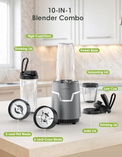 LAMPICK Smoothie Blender, 1100W Personal Blender for Shakes and Smoothies, Blenders and Grinder Combo for Kitchen with 2 * 22 Oz To-Go Cup and Lid for Protein Shake, Baby Food, Frozen Drink - Thumbnail 6
