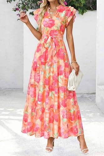 dowerme Women Summer Maxi Dresses 2026 Ruffle Sleeve V Neck Floral Boho Long Dress Belted Tiered Sundress with Pockets(Orange Red Big Floral,Small) - Thumbnail 6
