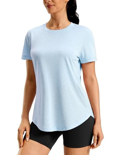 Workout Shirts Women Dry Fit Short Sleeve Athletic Gym Hiking Running Lightweight Summer Tops for Women Bum-Covering Length (Light Blue,Large) - Image 1