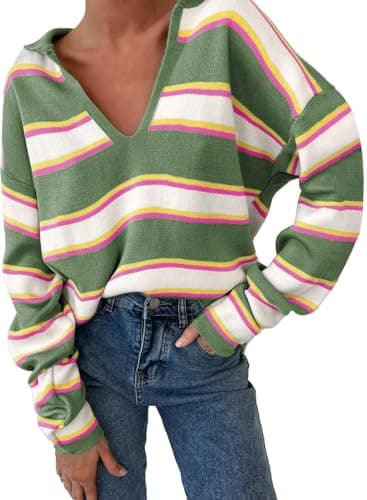EVALESS Striped Sweater Women V Neck Casual Long Sleeve Ribbed Casual Henley Shirt Contrast Business Warm Tops Knitted Christmas New Year Pullover M Yellow - Image 1