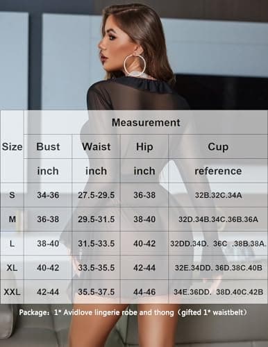 Avidlove Mesh Lingerie Robe Sets for Women Sexy Nightgown Long Sleeve Kimono Ruffle Nighty With Thong （ Black, M - Thumbnail 6