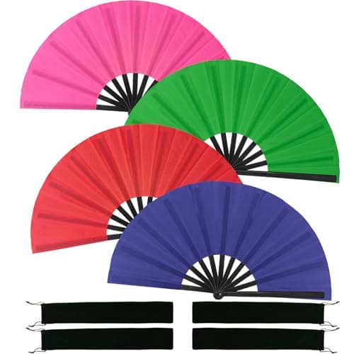 EOSAU 4 Pcs Boots on The Ground Hand Fan, Large Rave Fan Clacking Fans for Line Dancing Popping Folding Hand Fan Foldable for Kungfu Festival EDM Party Music (Blue Green Red Pink) - Image 1