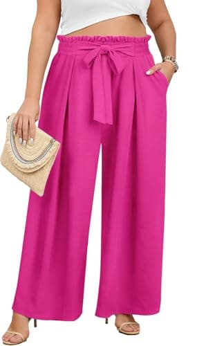 Lastshe Plus Size Pants for Women Curvy Wide Leg Work Casual Pants High Waisted Flowy Palazzo Summer Lounge Trousers, Pink, 1X - Image 1