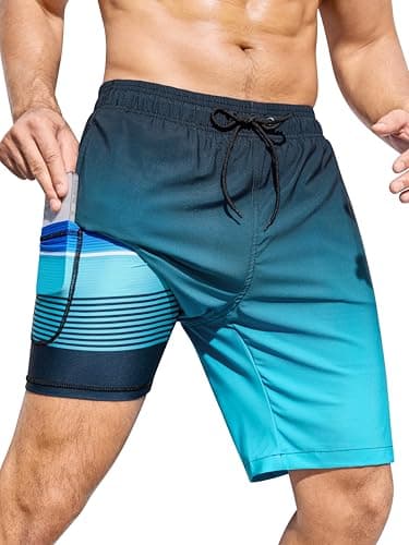 SILKWORLD Mens Swimming Trunks with Compression Liner 2 in 1 Quick-Dry Swim Shorts with Zipper Pockets, Gradient-Grey Blue, Small - Image 1