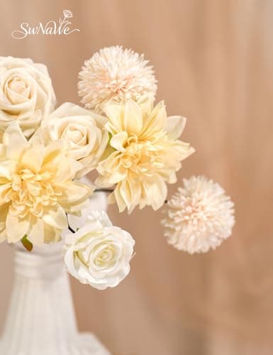 Champagne Flowers Artificial Roses Combo Set Faux Champagne Silk Flowers Fake Roses Mix Chrysanthemum Dahlia with Stems for Wedding Bouquets Table Centerpiece Baby Bridal Shower Birthday Party Decor - Thumbnail 2
