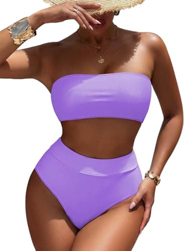 Pink Queen Women's High Waisted Bikini Set Sexy Strapless High Cut Tummy Control Bathing Suit Swimsuit Purple XL - Image 1