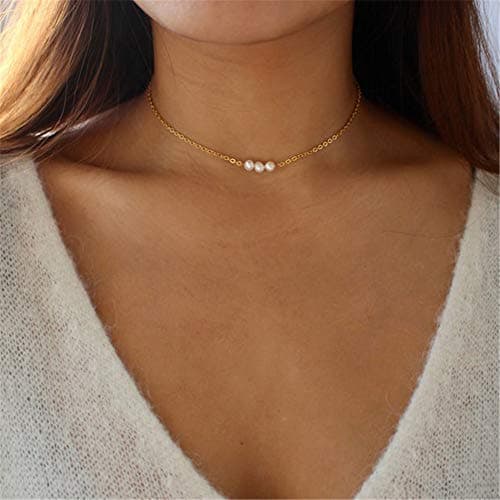 Layered Lock Necklace for Women, Layered Simulated Pearls Lock Necklace for Women Layering Chain Necklaces - Thumbnail 4
