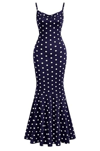 PRETTYGARDEN Womens Summer Dresses 2026 Polka Dot Spaghetti Strap Cowl Neck Bodycon Wedding Cocktail Mermaid Maxi Dress(Dot Dark Blue White,X-Small) - Image 1