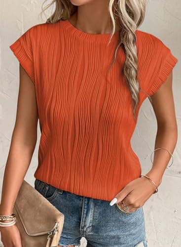 EVALESS Women's 2026 Spring Summer Short Sleeve T Shirts Fashion Trendy Casual Round Neck Knit Textured Tops Tunic Blouses Clothes Orange XX-Large - Thumbnail 2