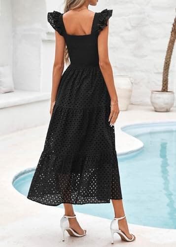 Lazysmile Womens Summer Maxi Dress Square Neck Ruffle Cap Sleeve Hollow Out Eyelet Smocked Tiered A Line Boho Sundress Black - Thumbnail 2