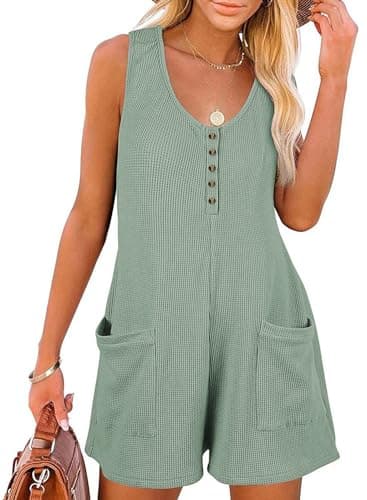 AlvaQ Jumpsuits for Women Dressy 2025 Sleeveless Loose Fit Waffle Knit Button Front Summer Rompers One Piece Outfits,Green,Medium - Image 1
