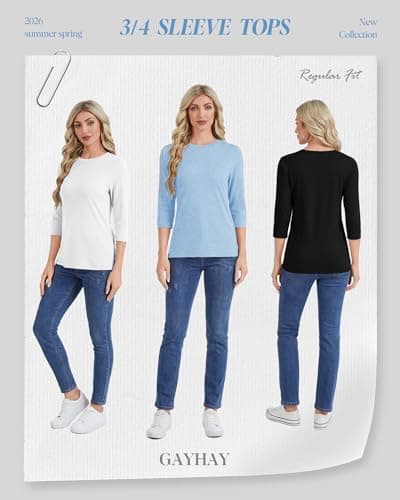GAYHAY 3 Pack 3/4 Length Sleeve Womens Tops - Loose Fit Elbow Length Dressy T Shirts Spring Blouse Blue Black White 2026 - Thumbnail 2