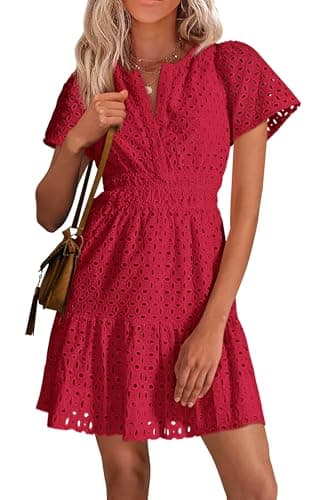 PRETTYGARDEN Womens 2025 Summer Short Dress V Neck Short Sleeve A Line Hollow Out Lace Ruffle Cute Casual Beach Party Dresses (Red,Medium) - Image 1