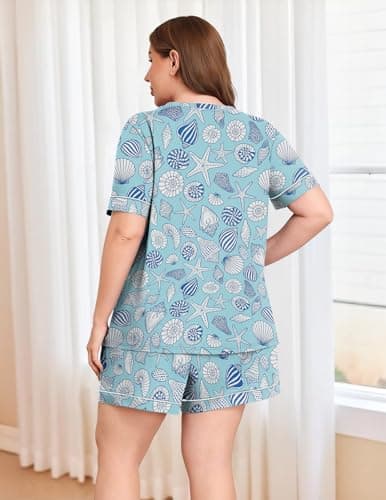 Lastshe Women Plus Size Pajama Sets Knit Soft 2 Piece Short Sleeve Shorts with Pockets Pjs Lounge Set Loungewear,Light Blue Shells-3X - Thumbnail 5