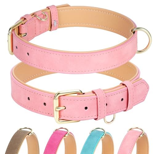 Jumpress Leather Dog Collar for Small Medium Large Dogs, Soft Padded Dog Leather Collar with Heavy Duty Gold Buckle, Durable & Comfortable for Medium Dogs Daily Walking (Pink, M) - Image 1