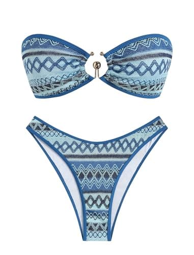 ZAFUL Crochet Bikini Sets for Women Adjustable Bandeau Bikini Set O Ring Cheeky Boho Geo Print Color Womens Beach Holiday (Boho Geo Blue L) - Image 1