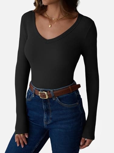 GKBK Women Long Sleeve V Neck Ribbed Knit Slim Fitted Shirts Basic Tee Cute Tshirts Going Out Tops 2025 Fall Winter Casual T Shirts Blouse Outfits Work Fashion Trendy Clothes Black XS - Thumbnail 3
