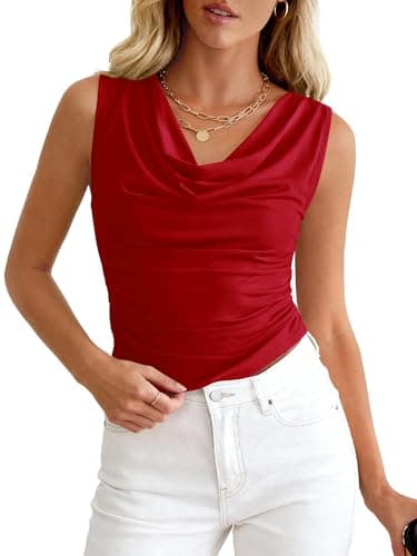 BTFBM Cowl Neck Tank Tops for Women 2026 Spring Summer Sleeveless Dressy Blouses Business Casual Outfits Going Out Top(Red, X-Large) - Image 1