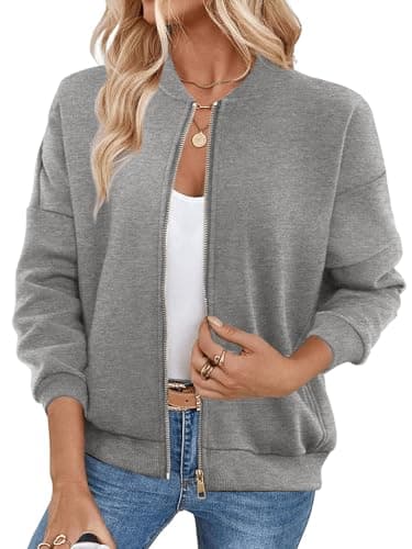 GEMLON Womens Full Zip Up Sweatshirts No Hood Long Sleeve Casual Loose Fall Fashion Jackets with Pockets Light Grey 2X-Large - Image 1